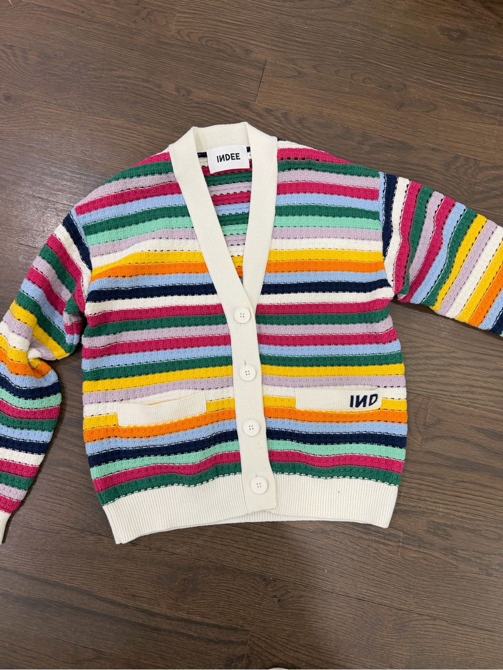 INDEE Striped Multicolor Knit Cardigan with Cream Trim